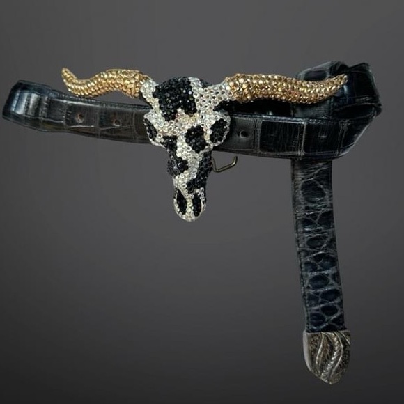Vintage 80s sequins longhorn bull brass belt buckle by Baron alligator leather - Picture 4 of 8